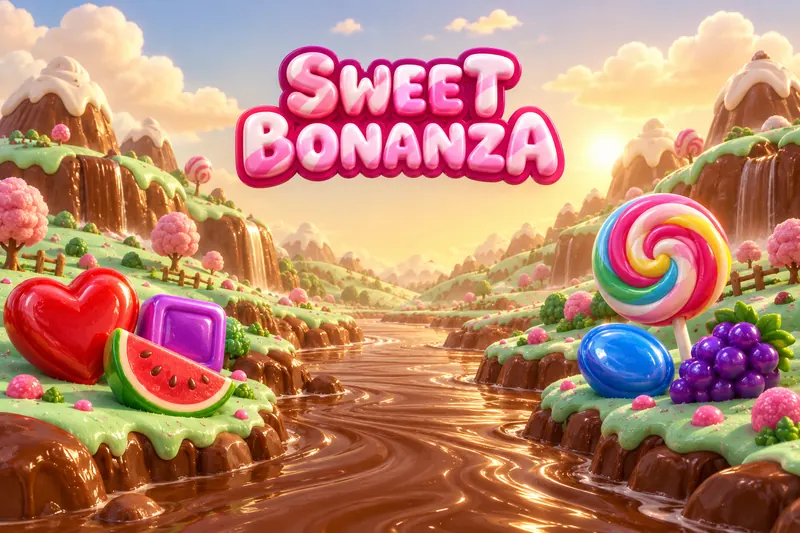 Çikolata nehri kıyısındaki şeker diyarında Sweet Bonanza yazısı ve renkli semboller