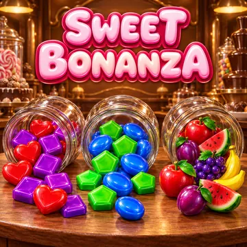 Sweet Bonanza yazısının önünde cam kavanozlardan taşan şeker ve meyve sembolleri